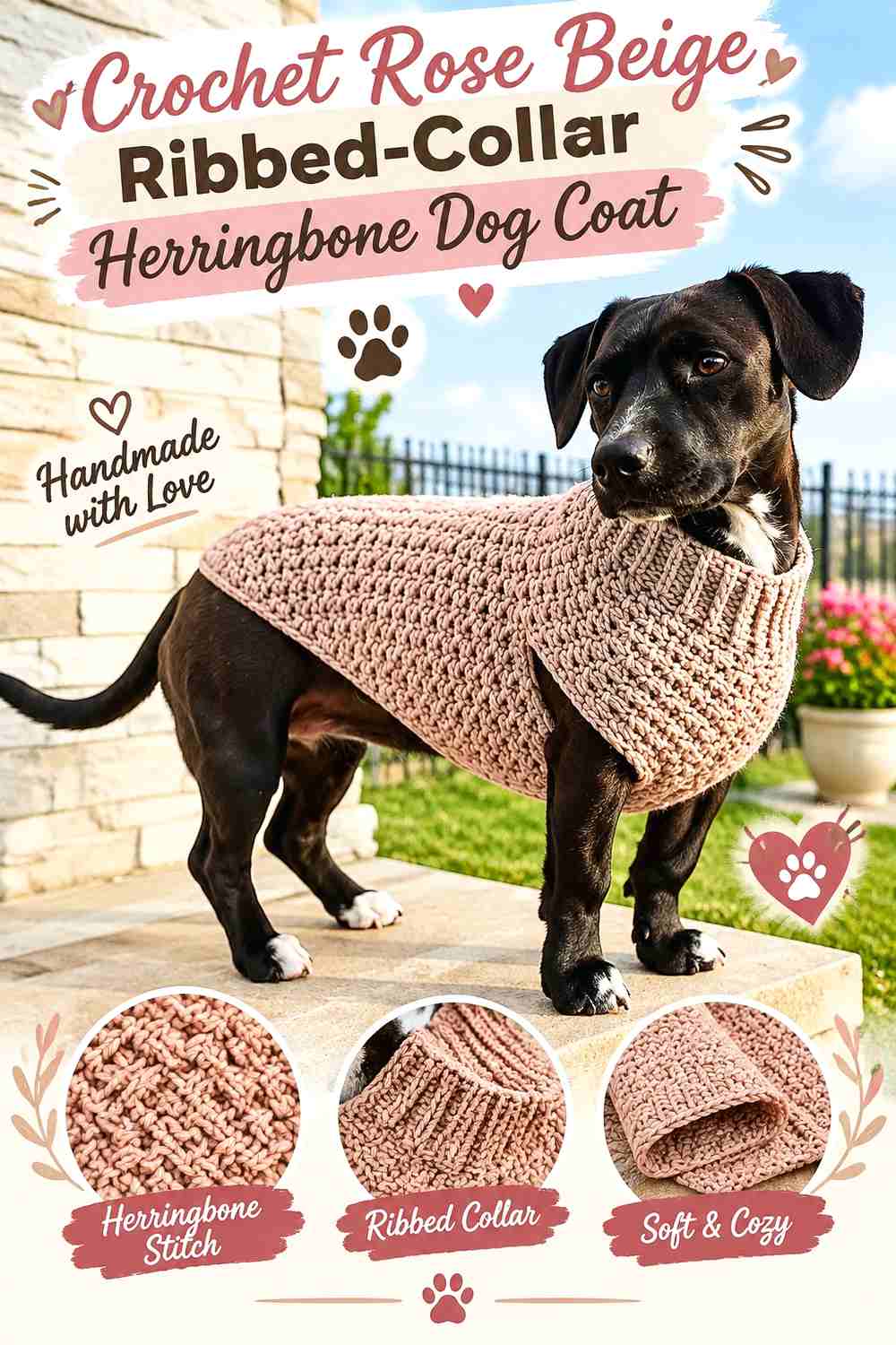 Crochet Rose Beige Ribbed-Collar Herringbone Dog Coat