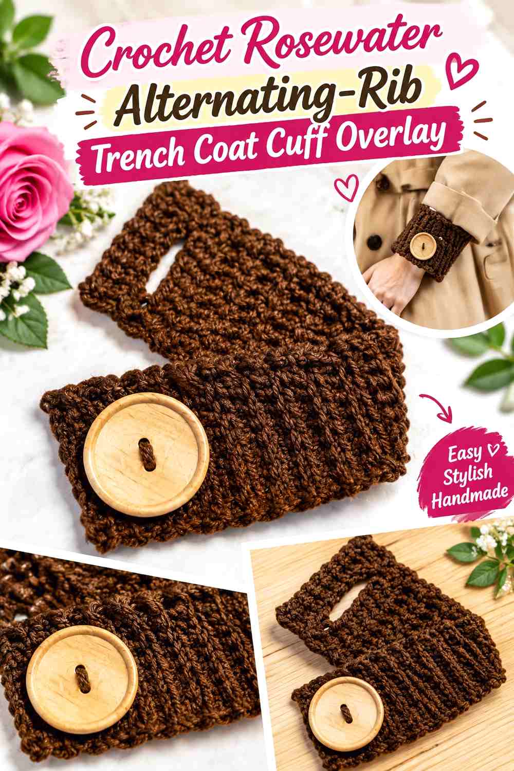 Crochet Rosewater Alternating-Rib Trench Coat Cuff Overlay