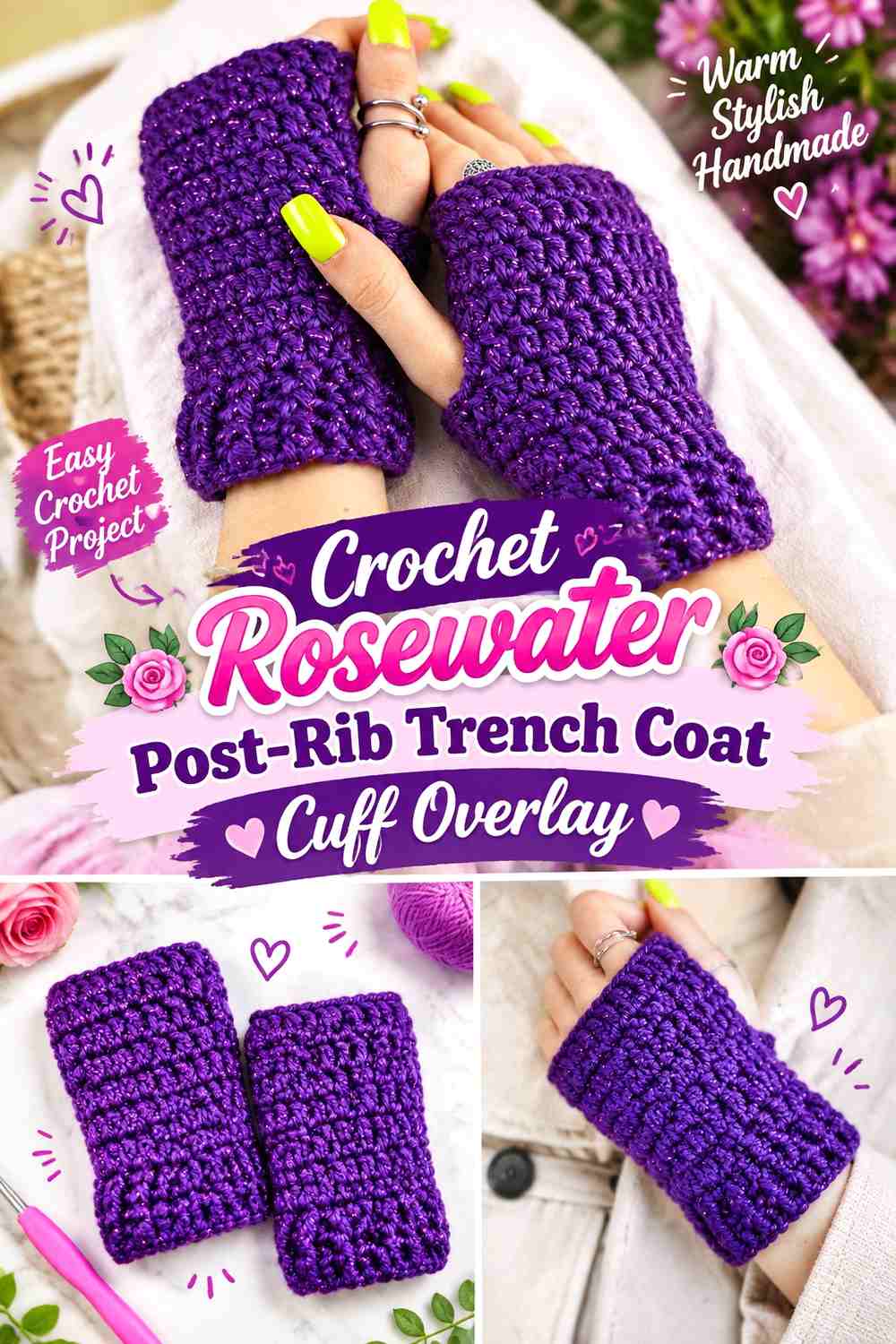Crochet Rosewater Post-Rib Trench Coat Cuff Overlay