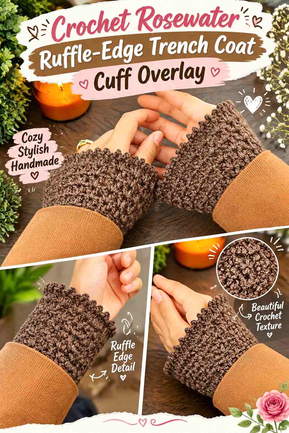 Crochet Rosewater Ruffle-Edge Trench Coat Cuff Overlay