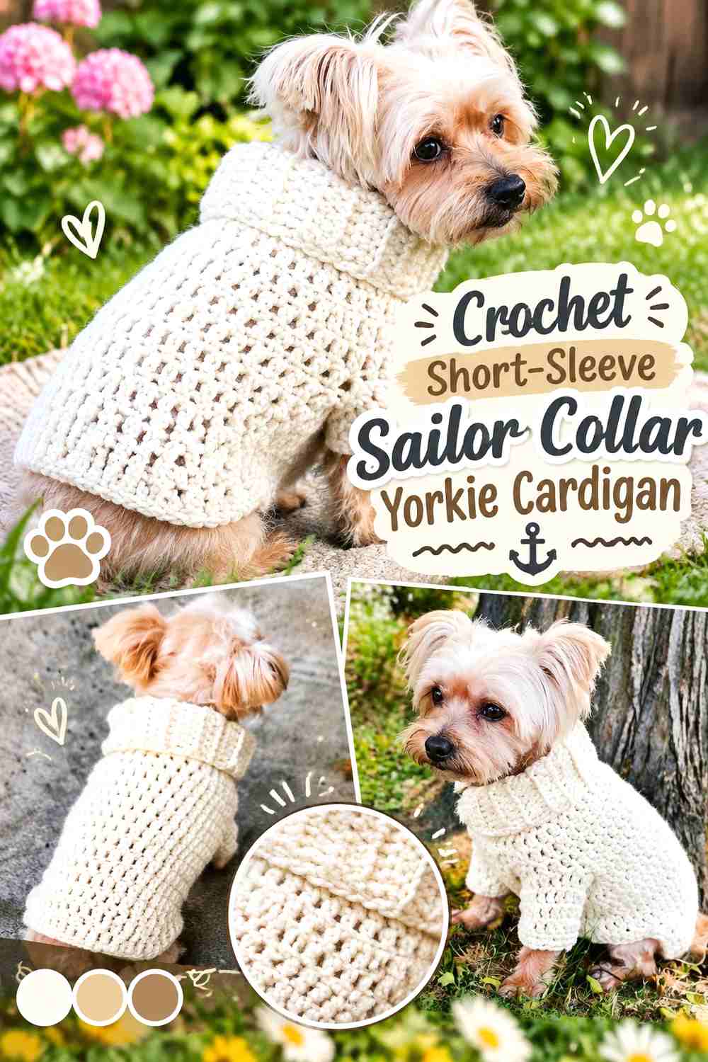 Crochet Short-Sleeve Sailor Collar Yorkie Cardigan
