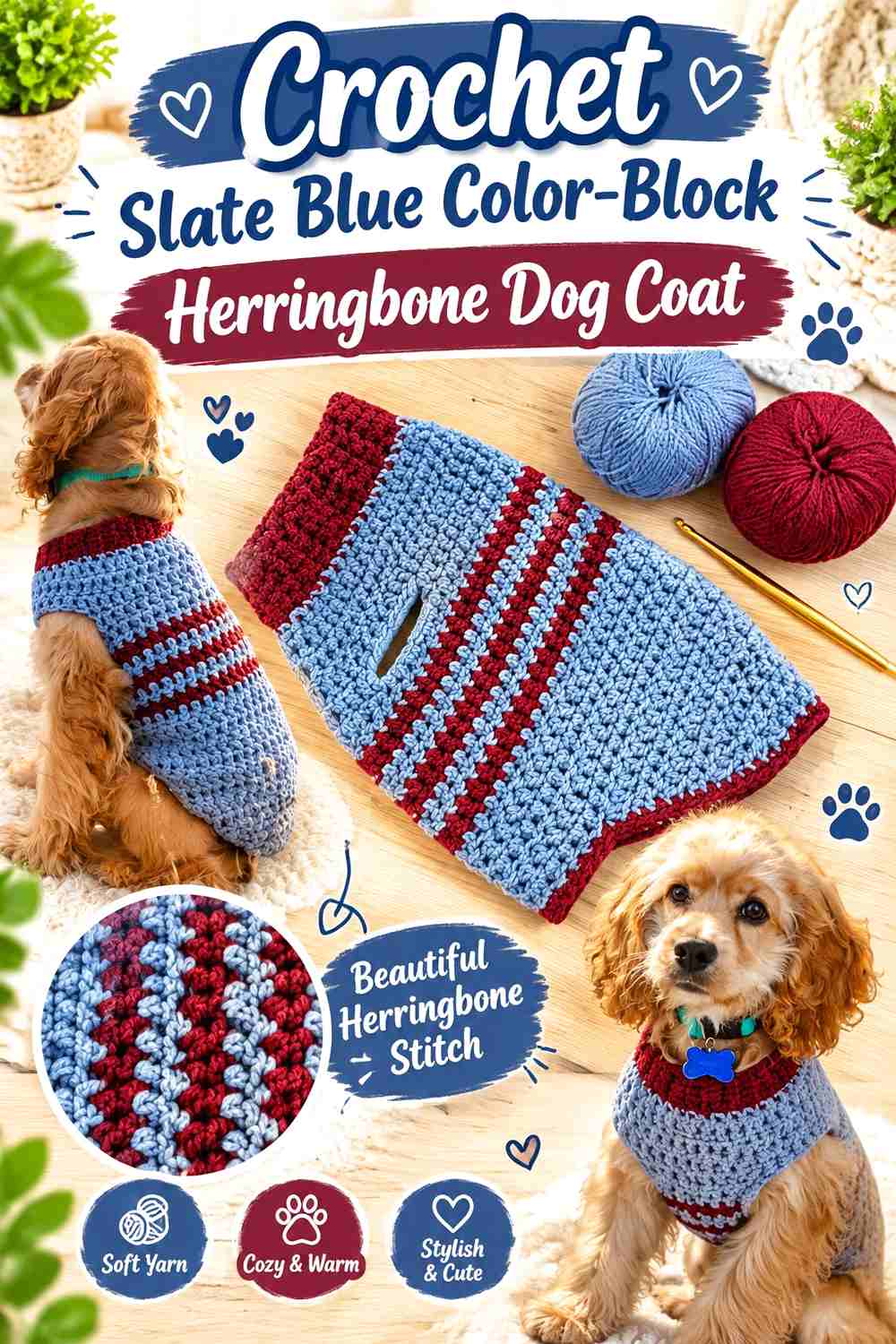 Crochet Slate Blue Color-Block Herringbone Dog Coat