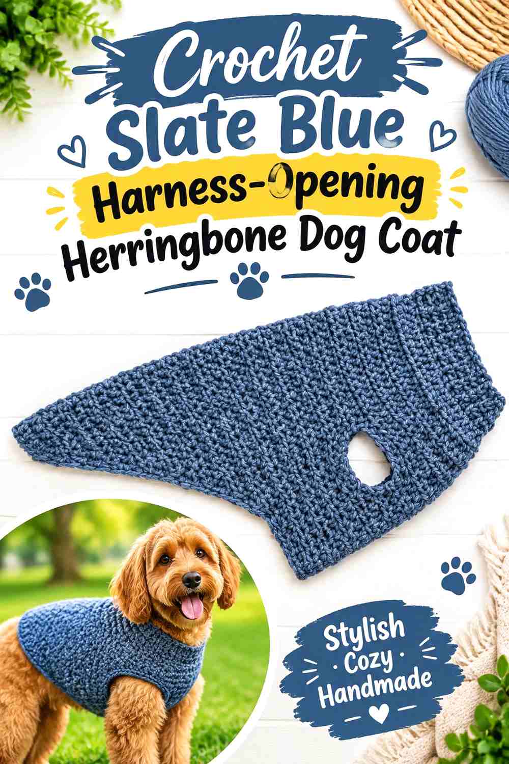 Crochet Slate Blue Harness-Opening Herringbone Dog Coat