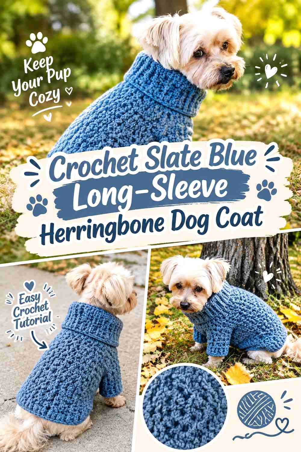 Crochet Slate Blue Long-Sleeve Herringbone Dog Coat