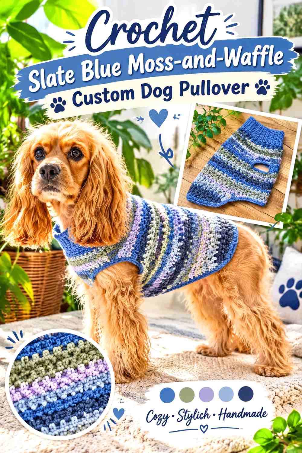 Crochet Slate Blue Moss-and-Waffle Custom Dog Pullover