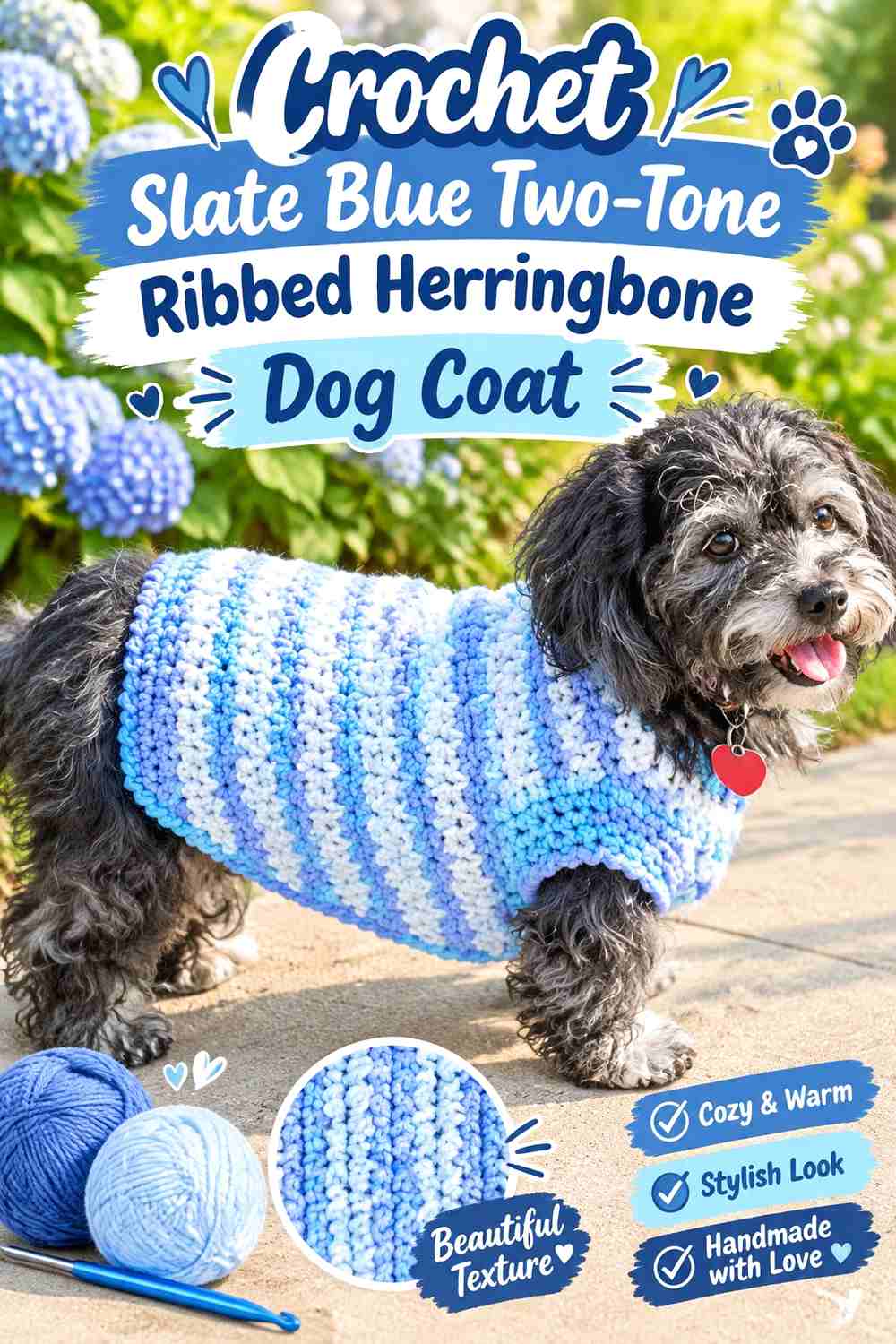 Crochet Slate Blue Two-Tone Ribbed Herringbone Dog Coat