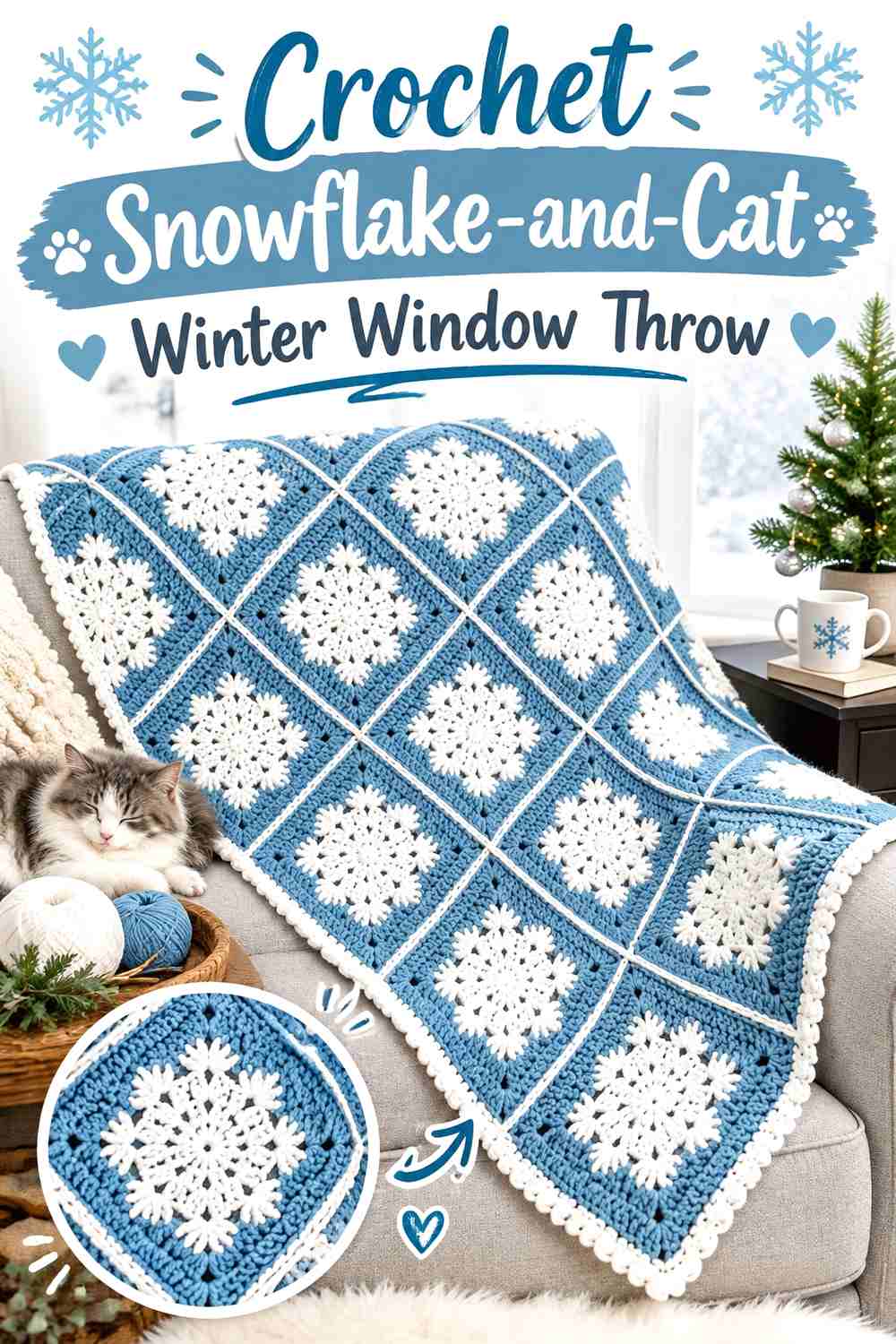 Crochet Snowflake-and-Cat Winter Window Throw