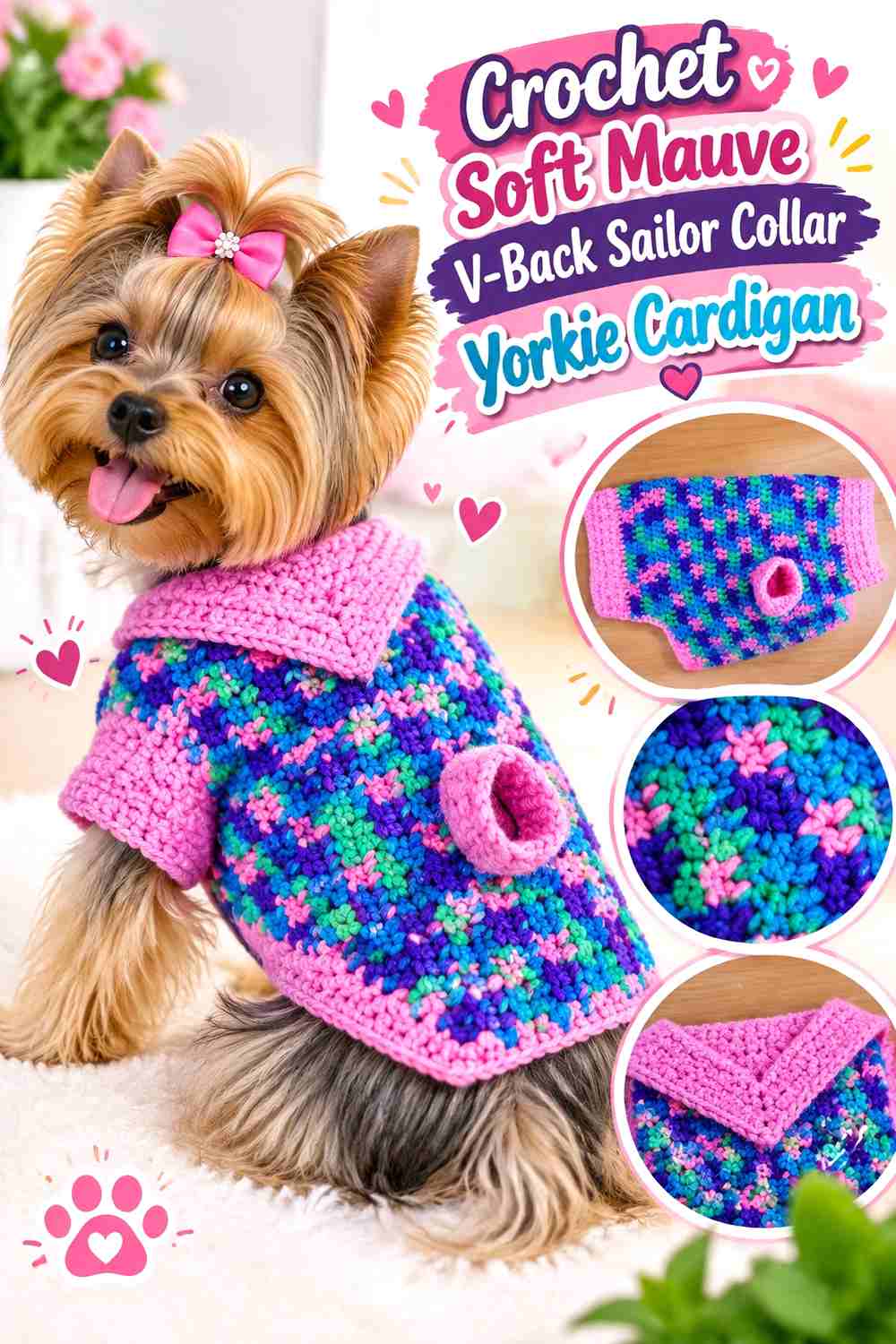 Crochet Soft Mauve V-Back Sailor Collar Yorkie Cardigan