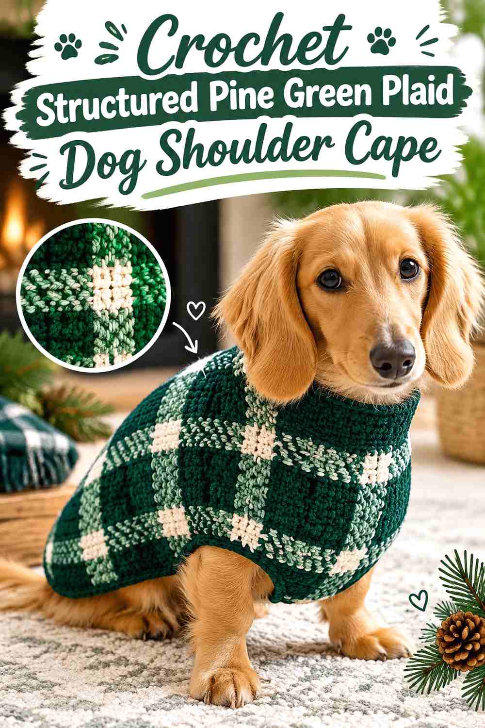 Crochet Structured Pine Green Plaid Dog Shoulder Cape