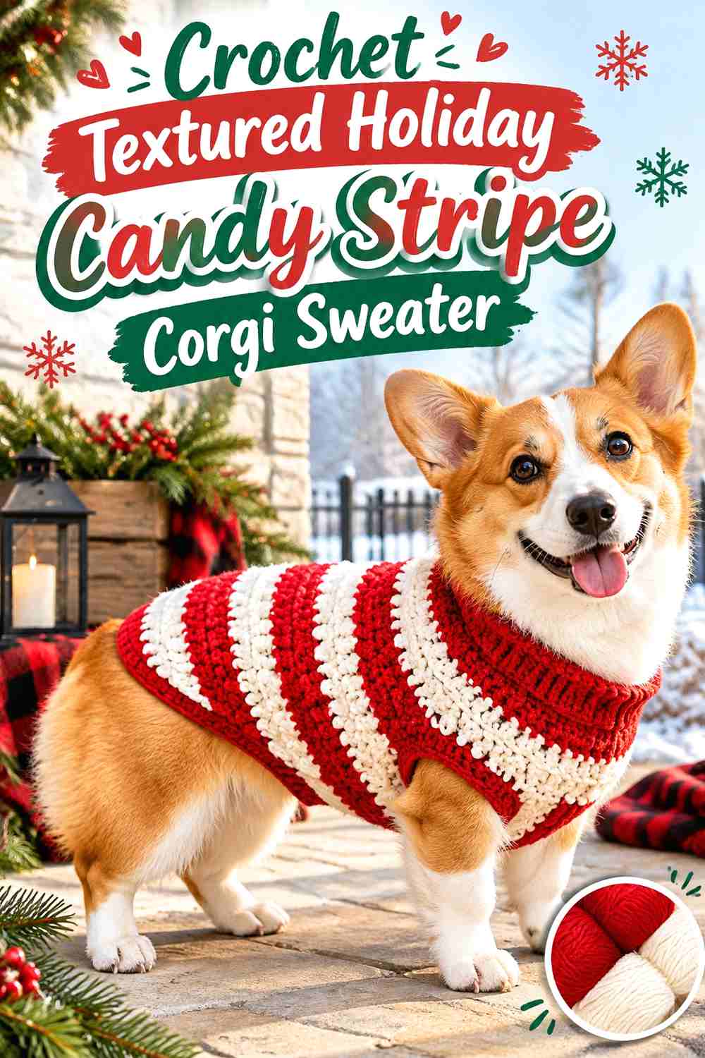 Crochet Textured Holiday Candy Stripe Corgi Sweater