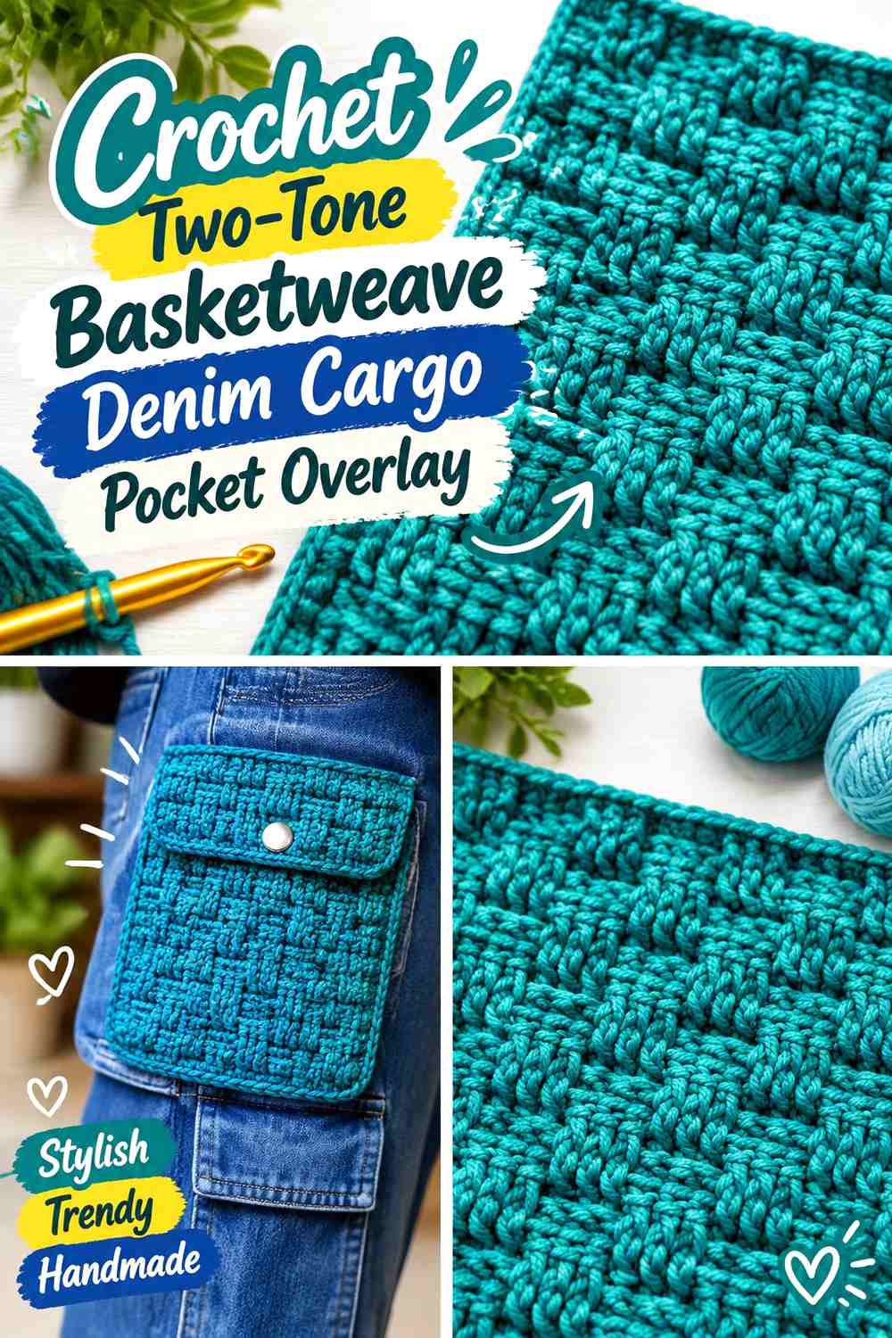 Crochet Two-Tone Basketweave Denim Cargo Pocket Overlay
