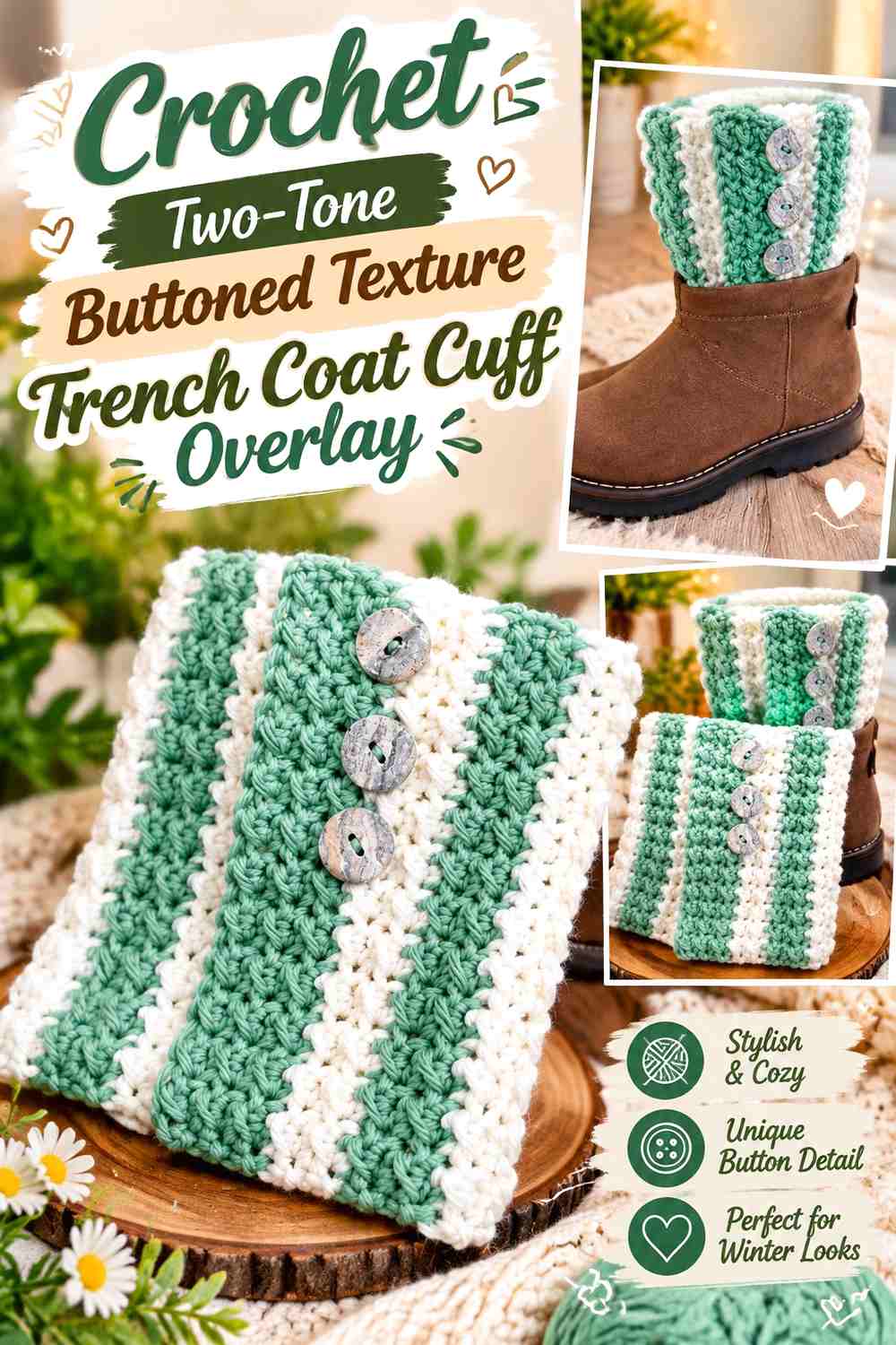 Crochet Two-Tone Buttoned Texture Trench Coat Cuff Overlay