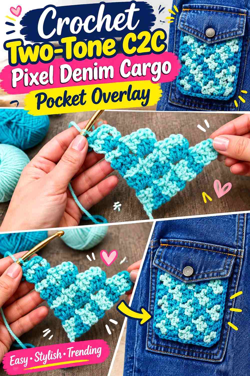 Crochet Two-Tone C2C Pixel Denim Cargo Pocket Overlay