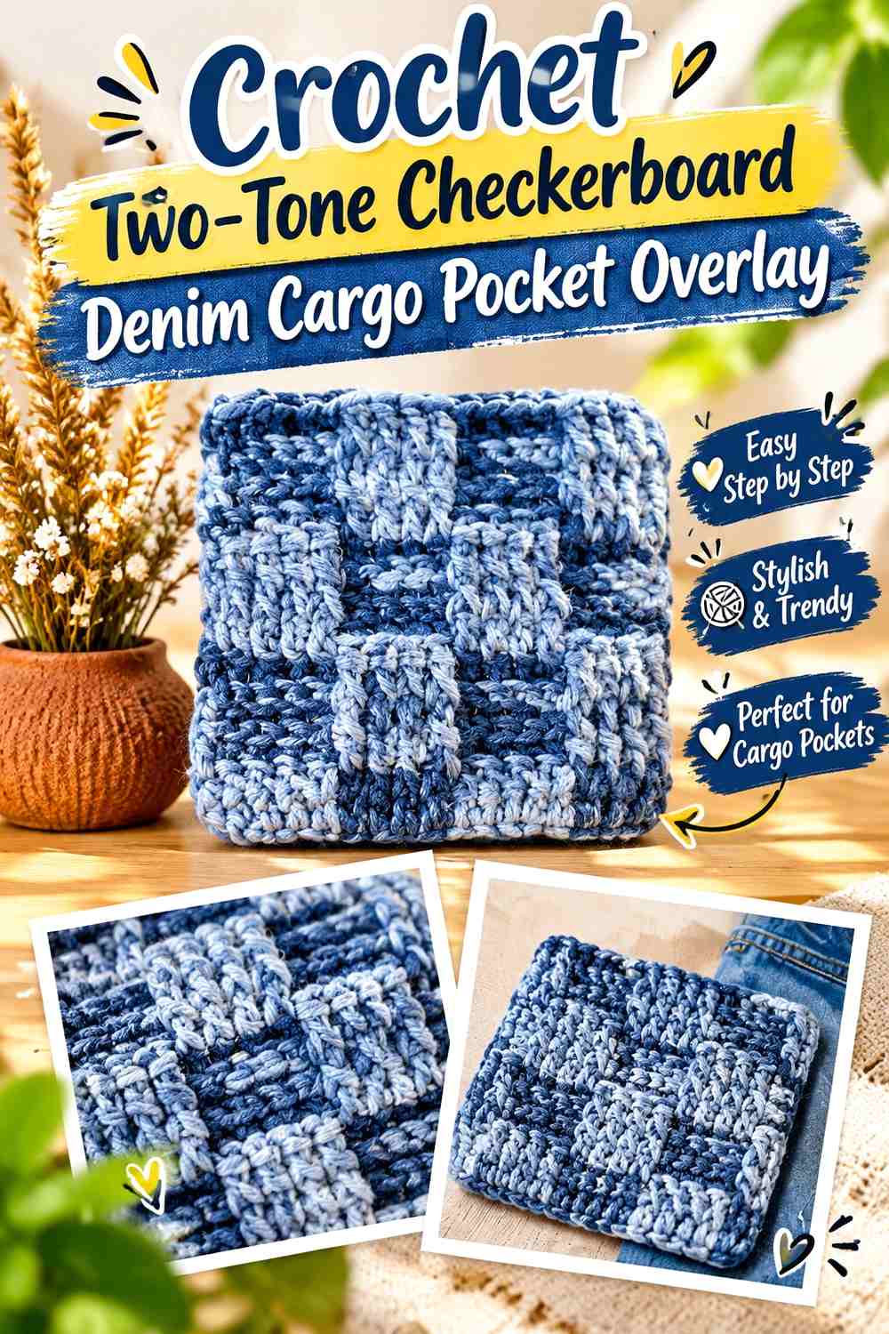 Crochet Two-Tone Checkerboard Denim Cargo Pocket Overlay