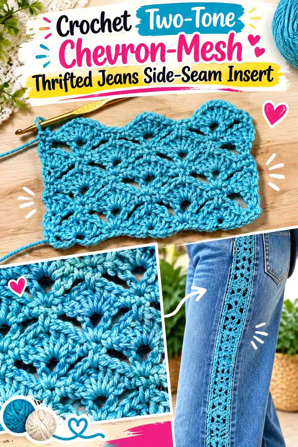 Crochet Two-Tone Chevron-Mesh Thrifted Jeans Side-Seam Insert