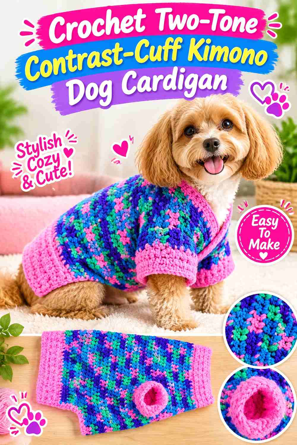 Crochet Two-Tone Contrast-Cuff Kimono Dog Cardigan