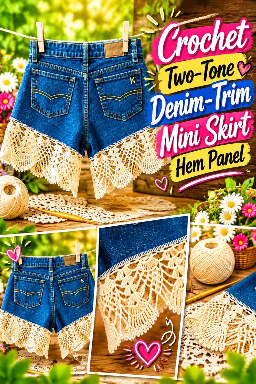 Crochet Two-Tone Denim-Trim Mini Skirt Hem Panel