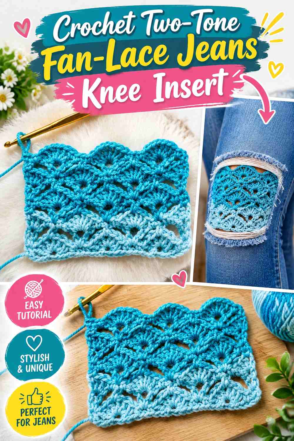 Crochet Two-Tone Fan-Lace Jeans Knee Insert