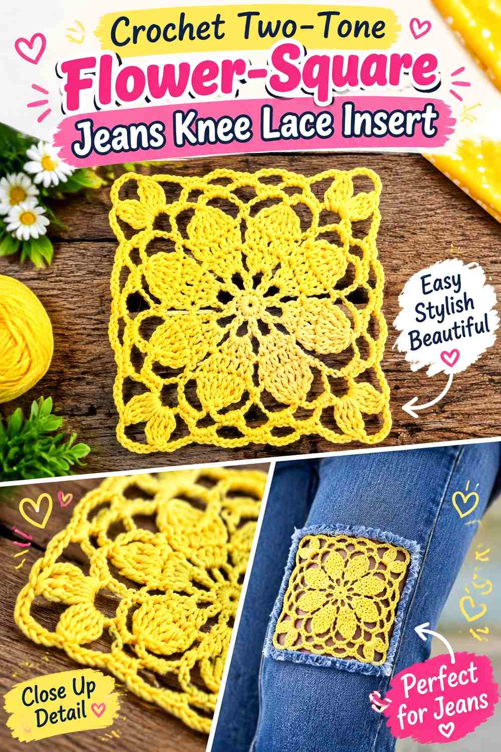 Crochet Two-Tone Flower-Square Jeans Knee Lace Insert