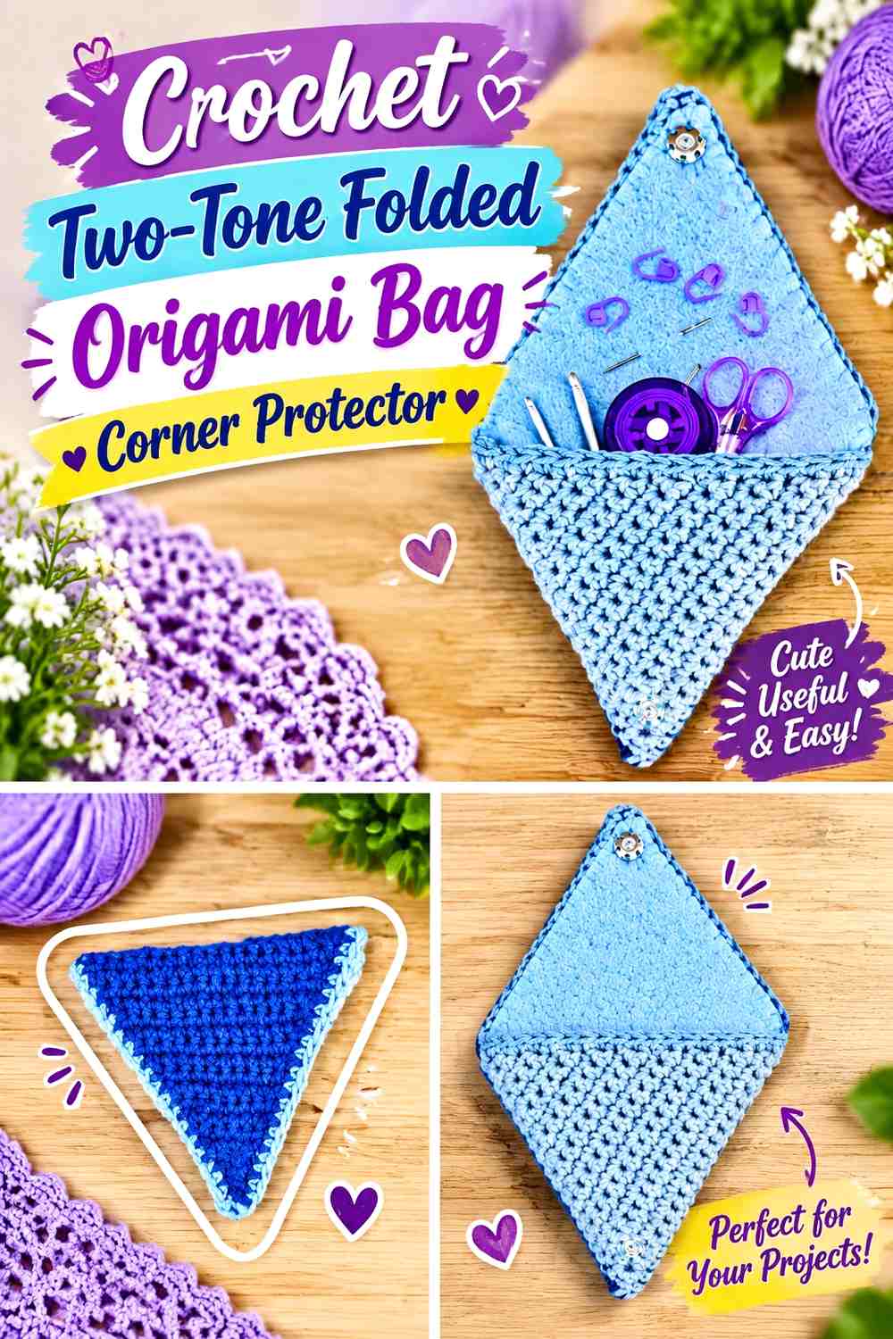 Crochet Two-Tone Folded Origami Bag Corner Protector