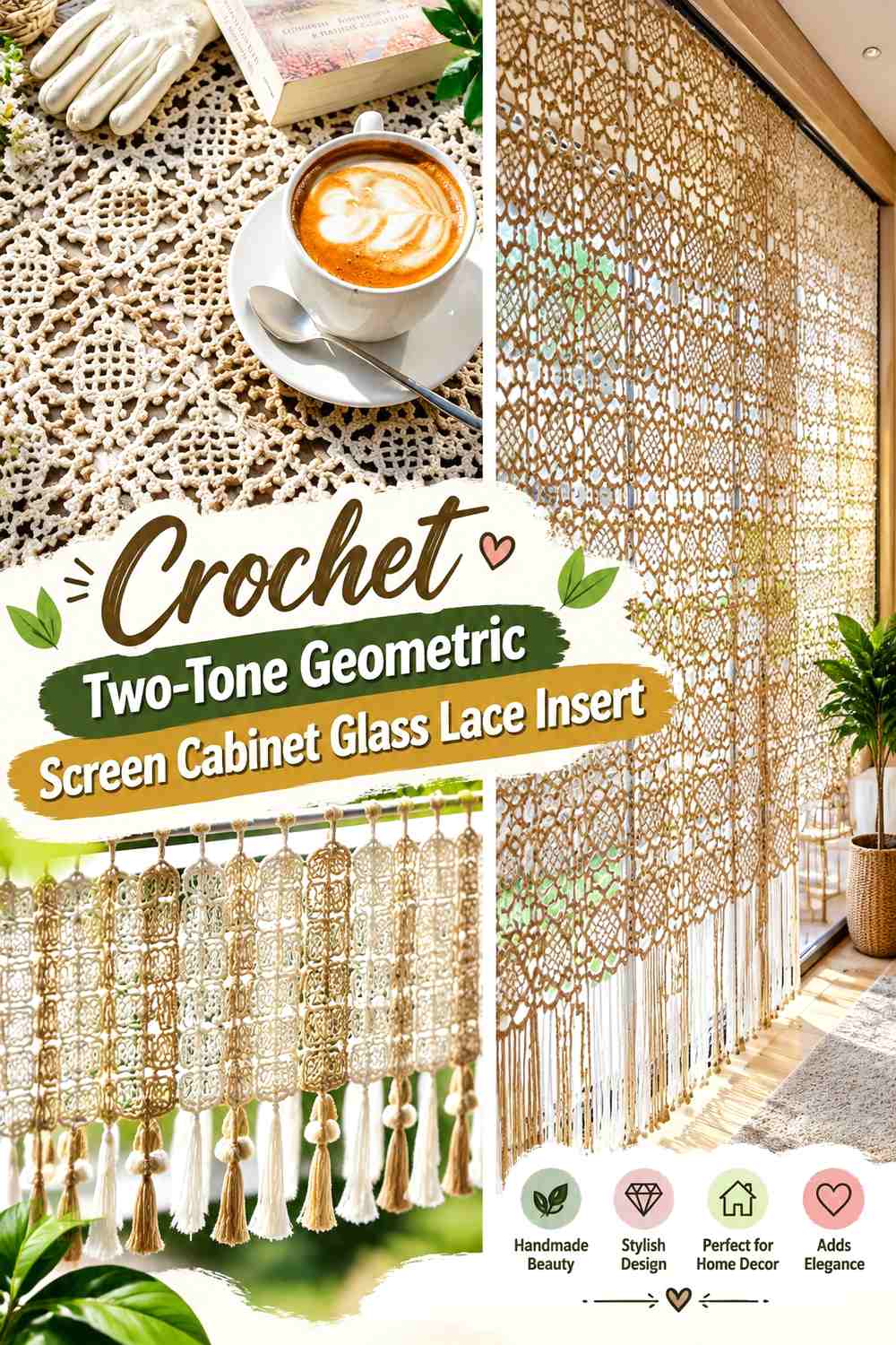 Crochet Two-Tone Geometric Screen Cabinet Glass Lace Insert