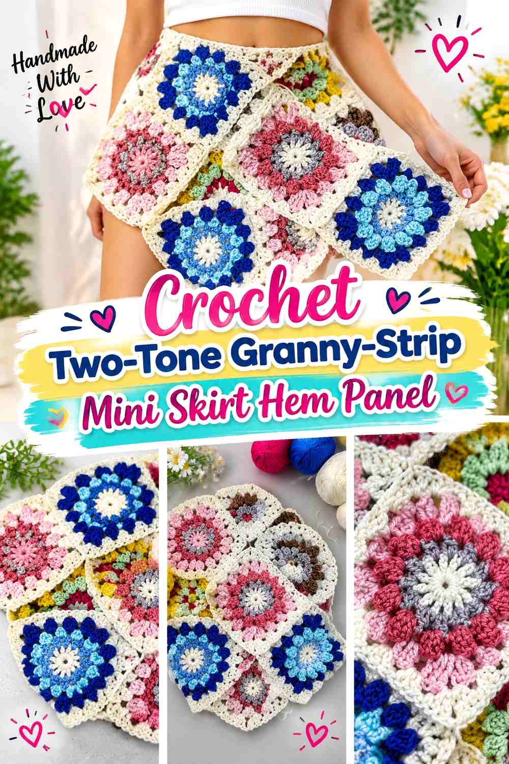 Crochet Two-Tone Granny-Strip Mini Skirt Hem Panel