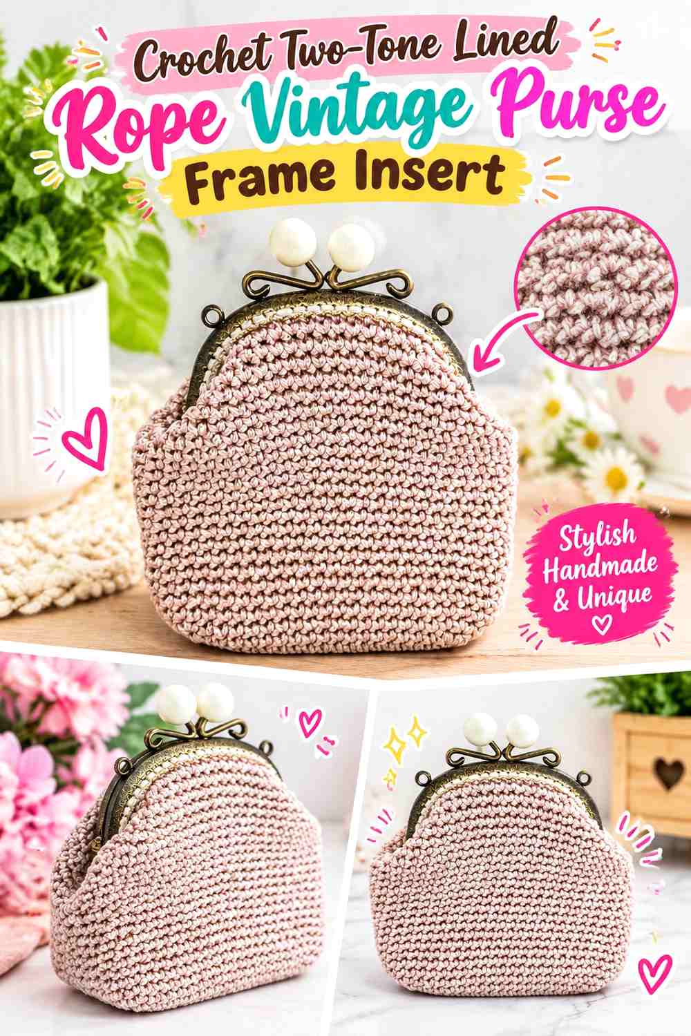 Crochet Two-Tone Lined Rope Vintage Purse Frame Insert