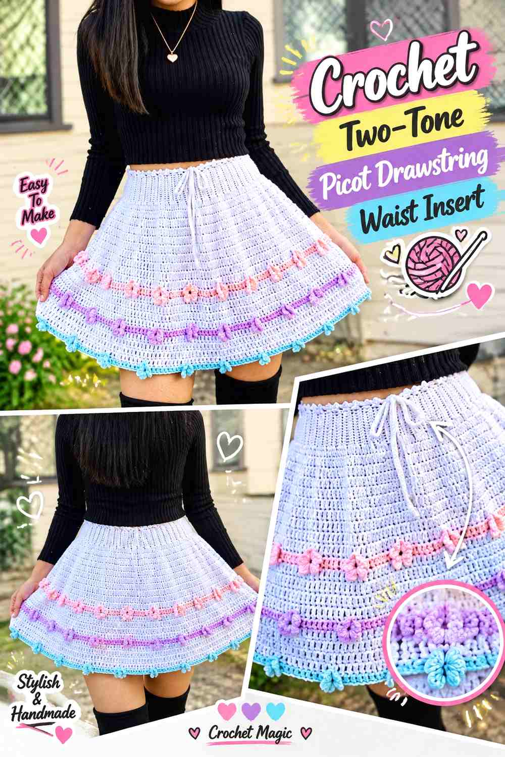 Crochet Two-Tone Picot Drawstring Waist Insert