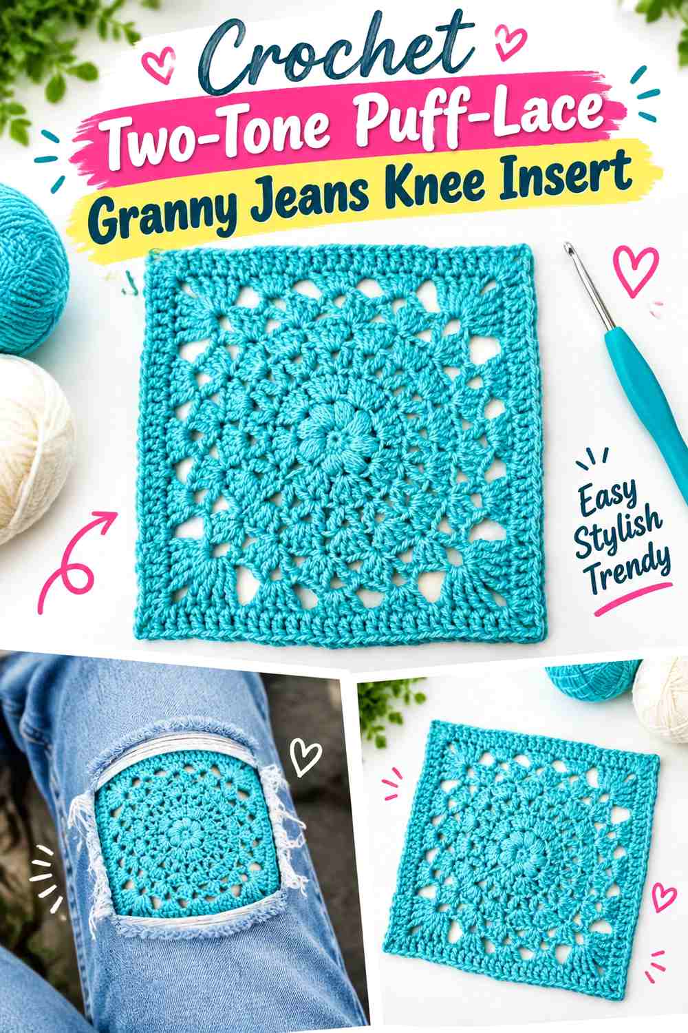 Crochet Two-Tone Puff-Lace Granny Jeans Knee Insert