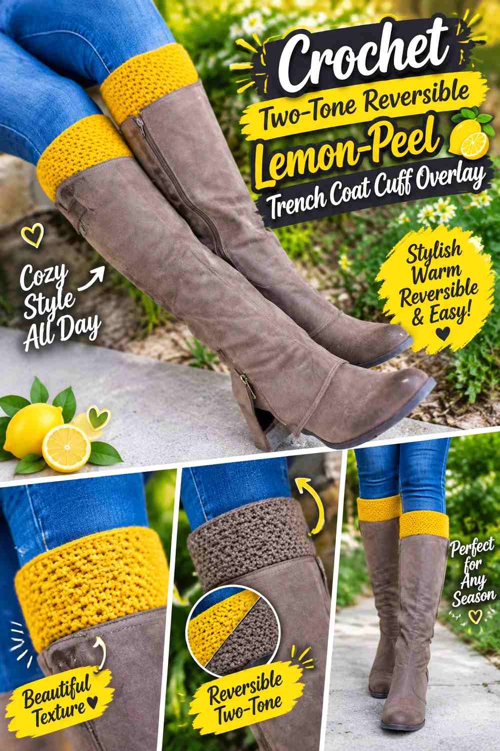 Crochet Two-Tone Reversible Lemon-Peel Trench Coat Cuff Overlay