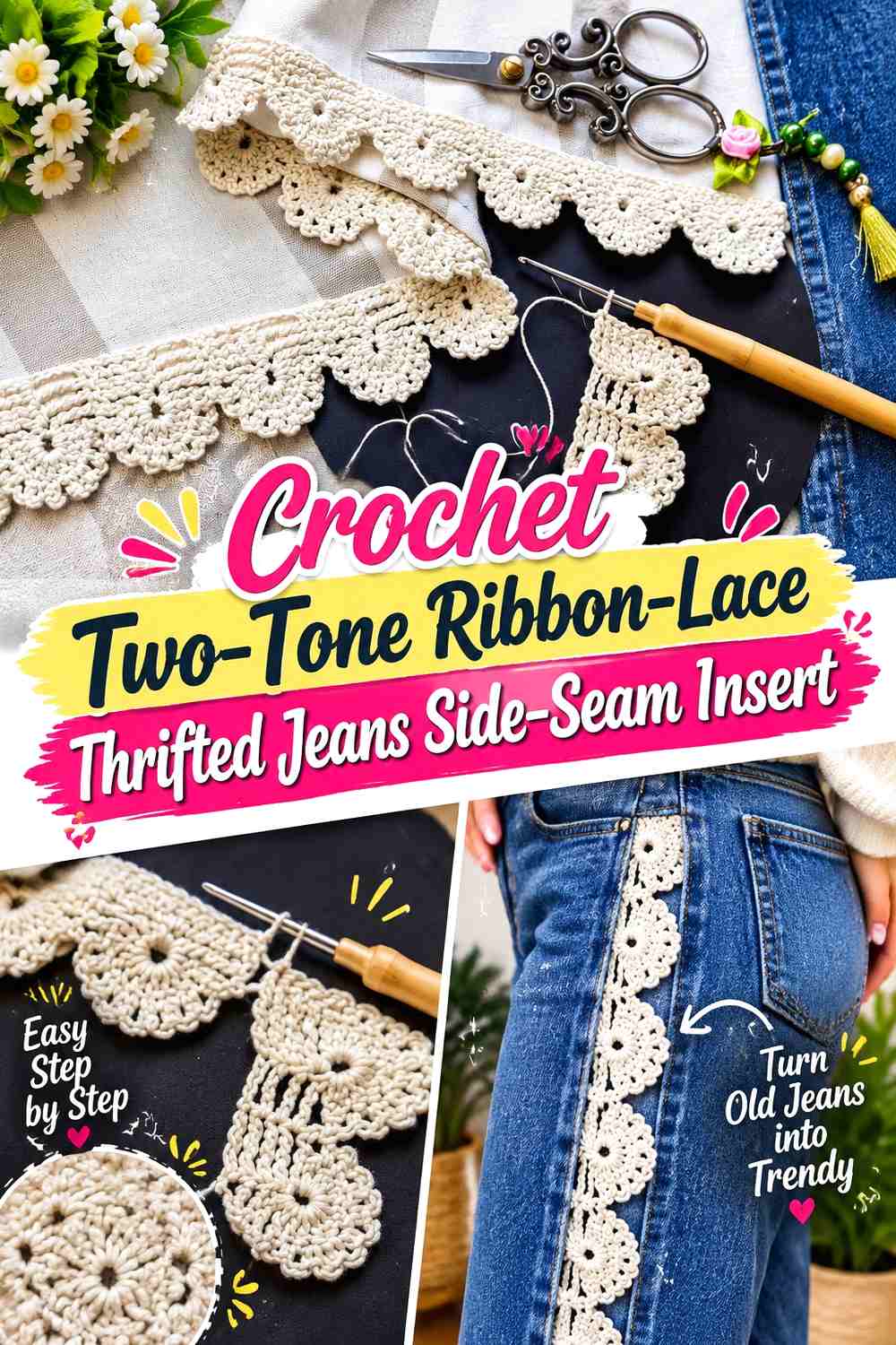 Crochet Two-Tone Ribbon-Lace Thrifted Jeans Side-Seam Insert