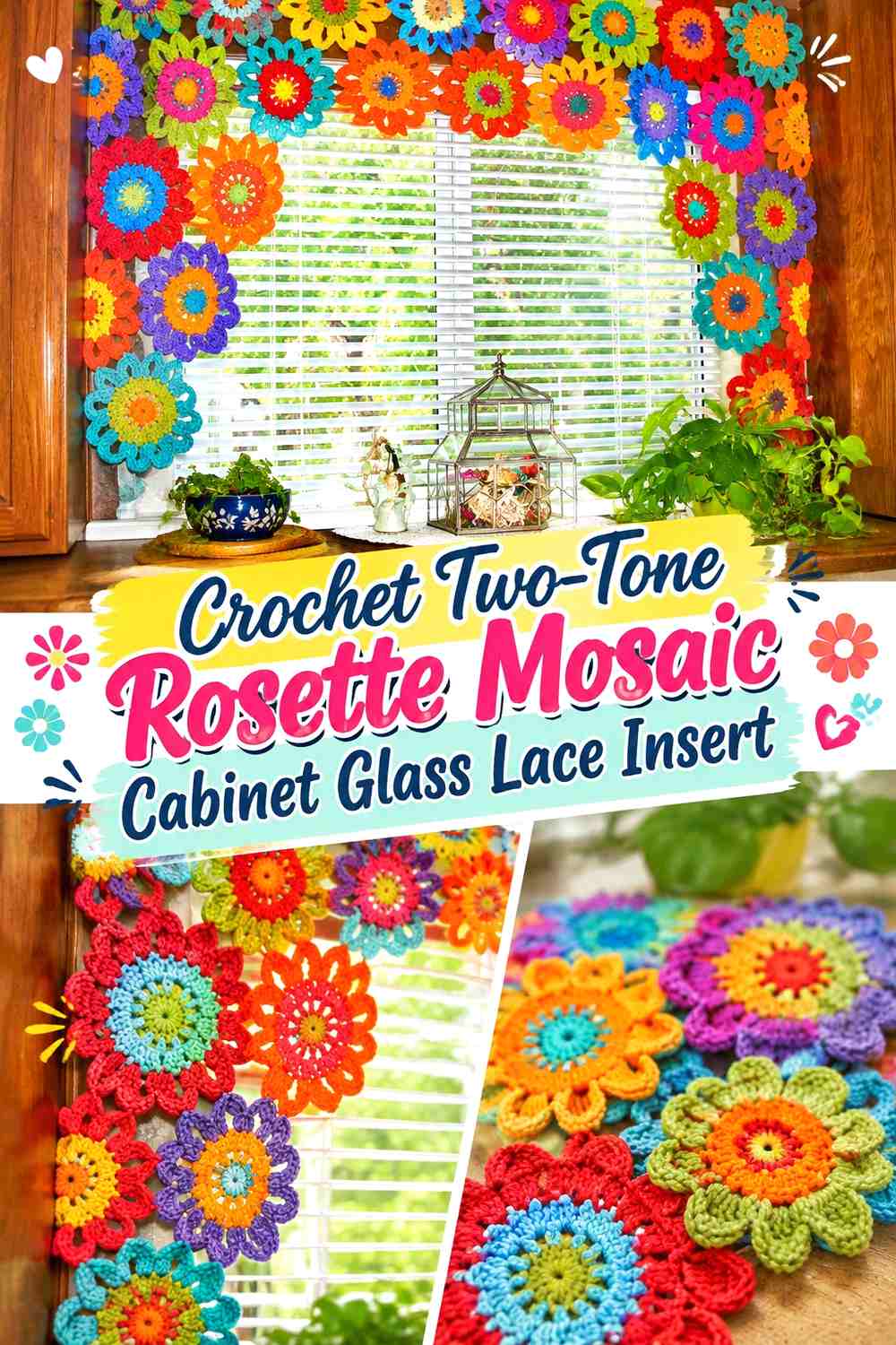 Crochet Two-Tone Rosette Mosaic Cabinet Glass Lace Insert