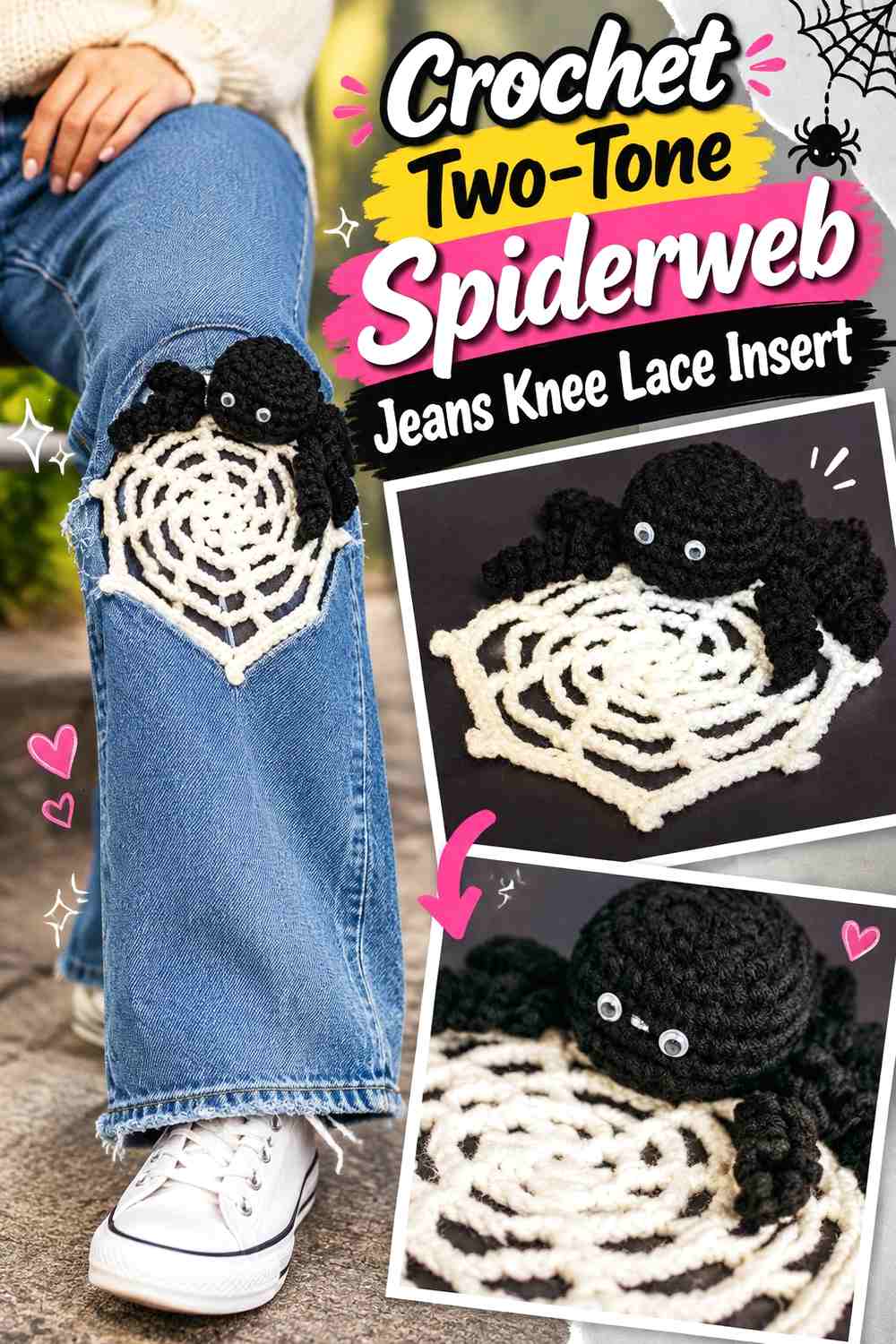 Crochet Two-Tone Spiderweb Jeans Knee Lace Insert