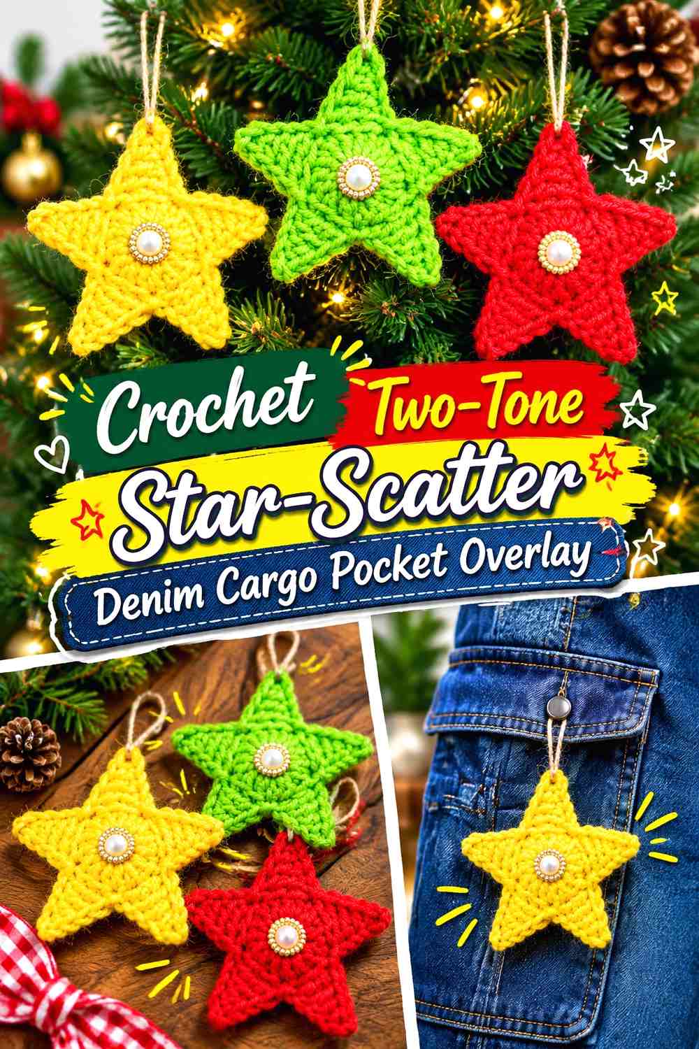 Crochet Two-Tone Star-Scatter Denim Cargo Pocket Overlay