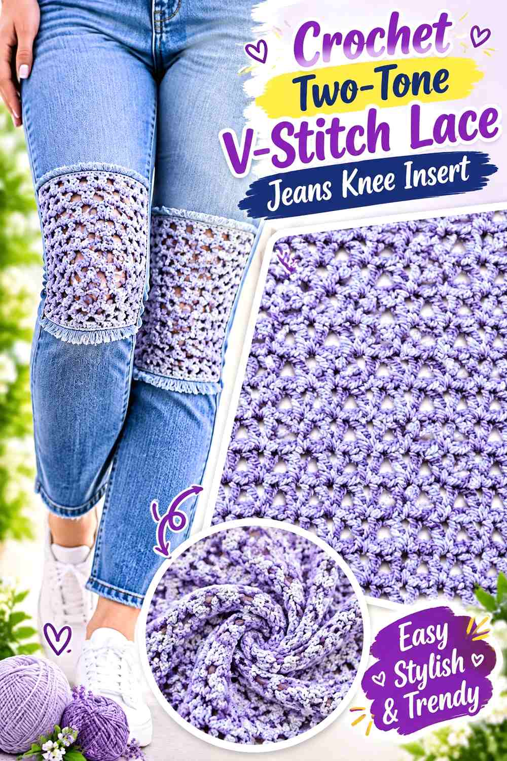 Crochet Two-Tone V-Stitch Lace Jeans Knee Insert