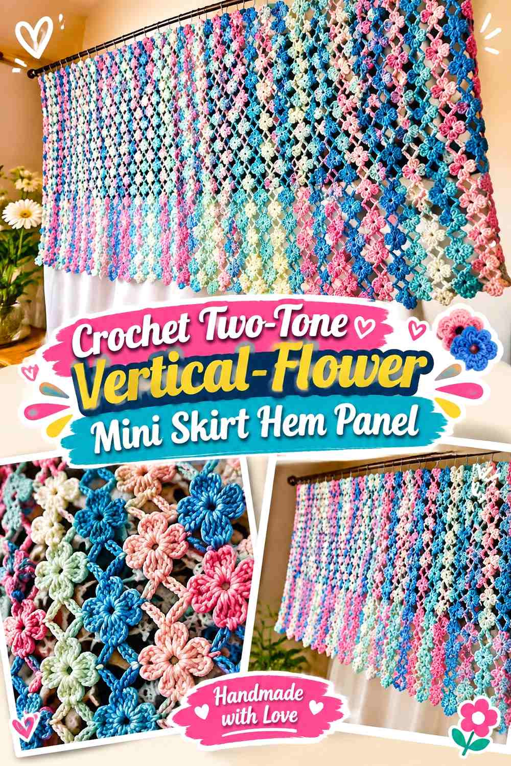 Crochet Two-Tone Vertical-Flower Mini Skirt Hem Panel