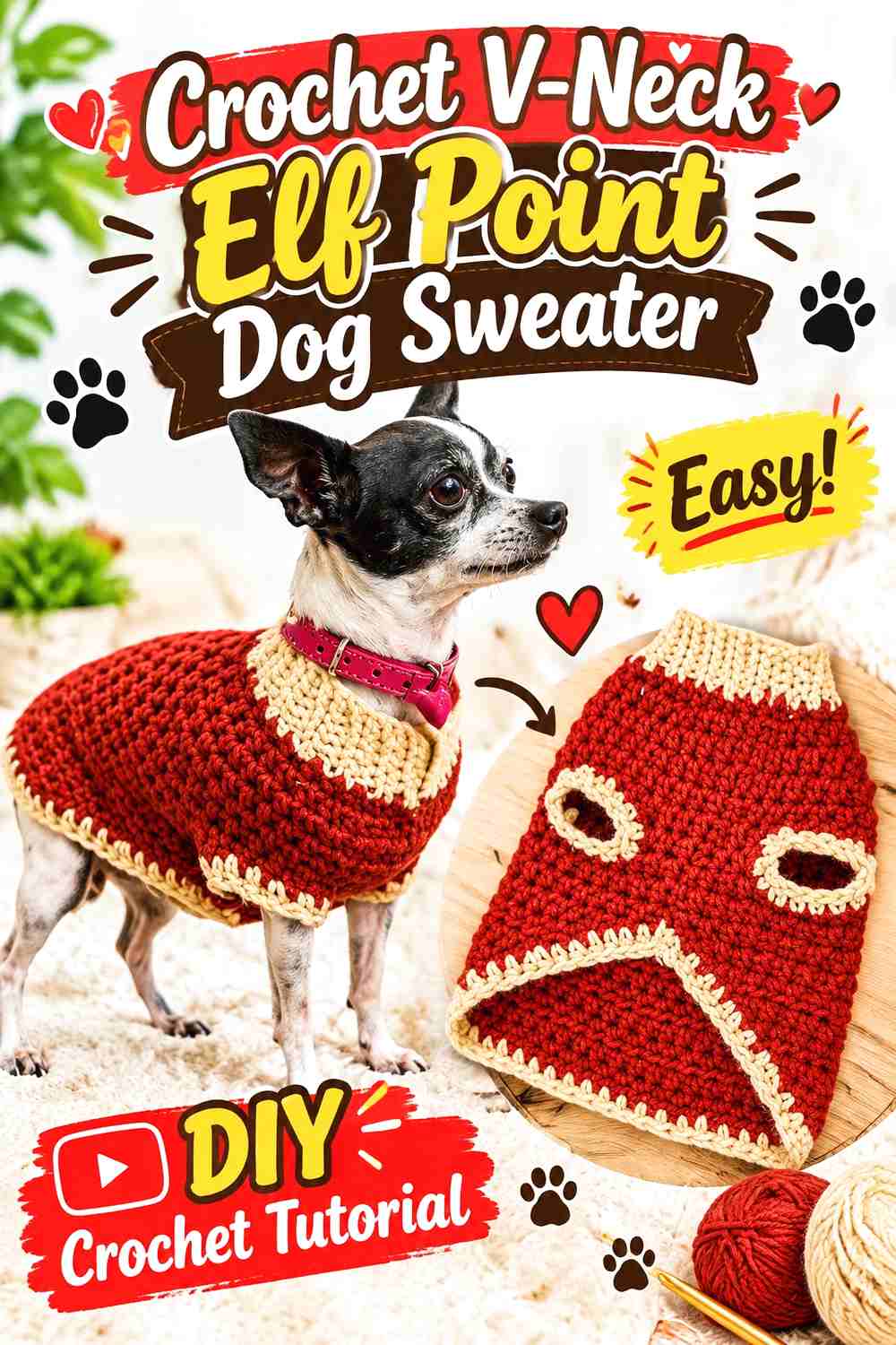 Crochet V-Neck Elf Point Dog Sweater