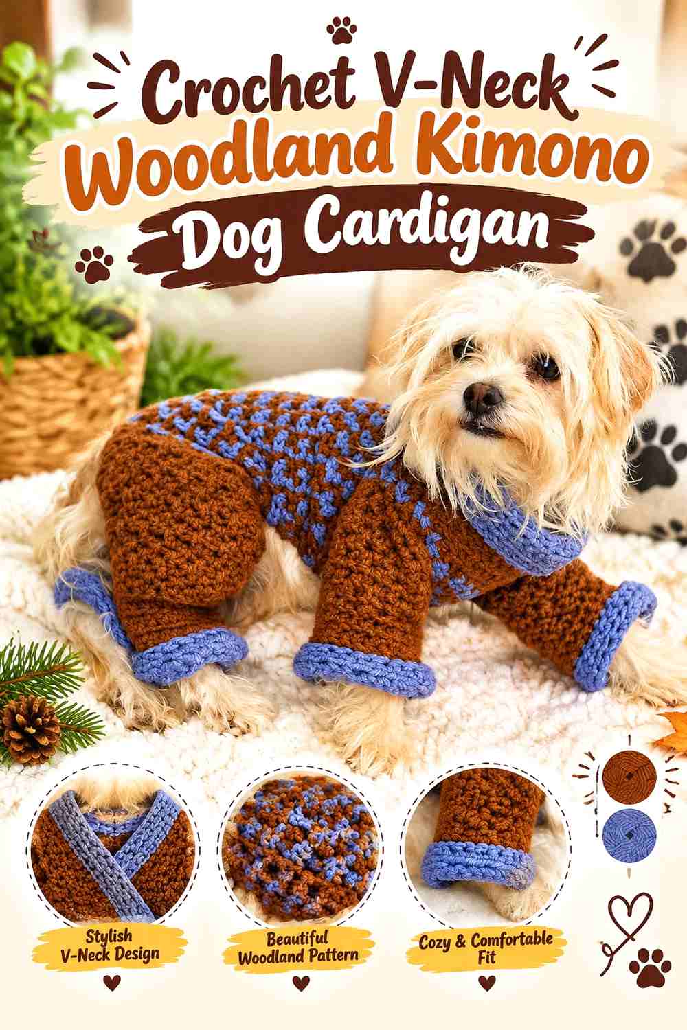 Crochet V-Neck Woodland Kimono Dog Cardigan