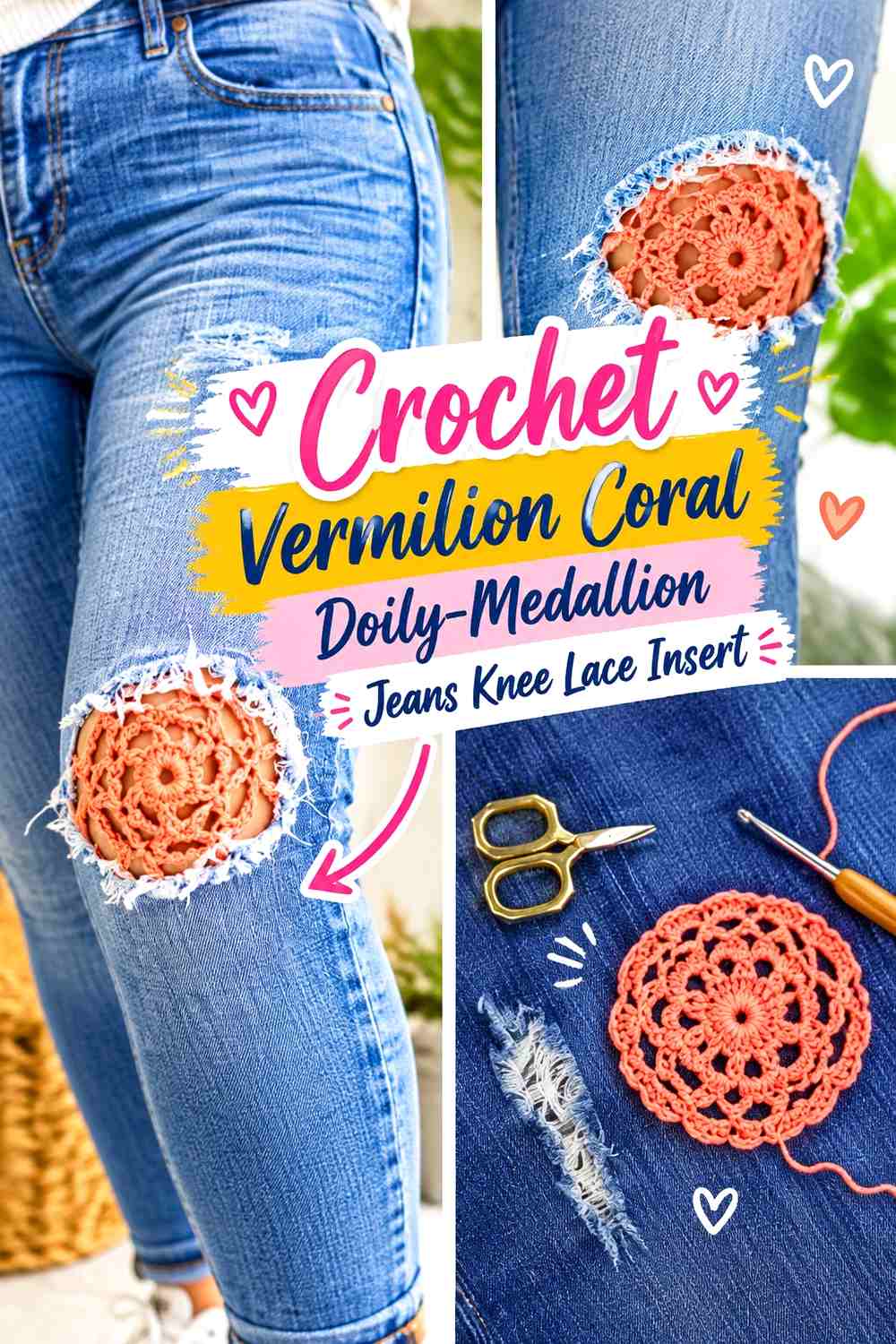 Crochet Vermilion Coral Doily-Medallion Jeans Knee Lace Insert