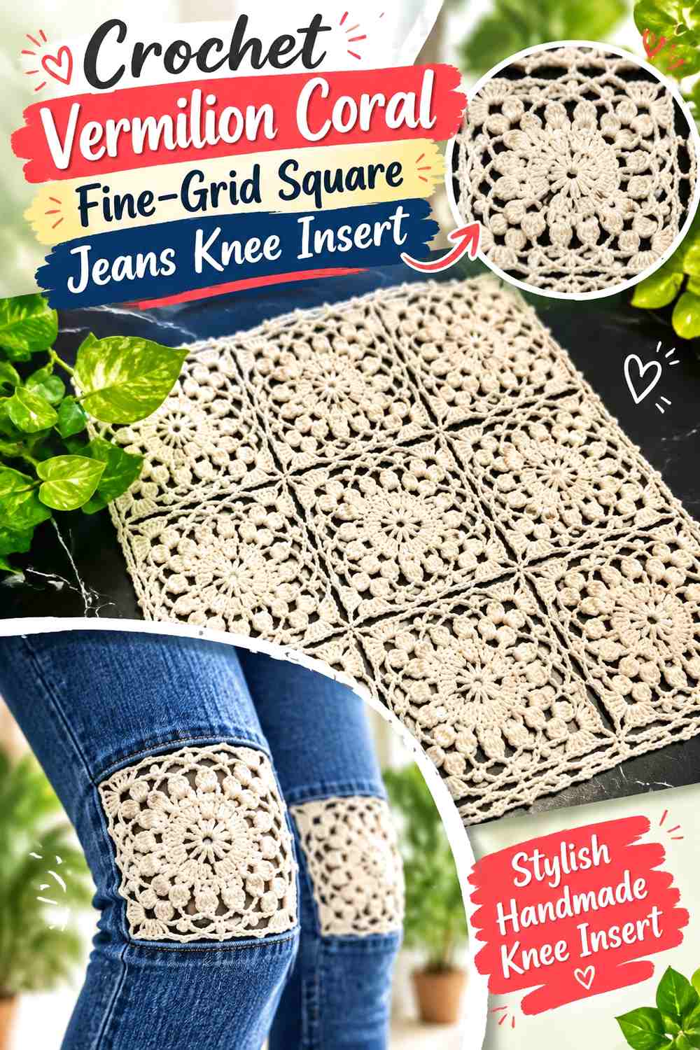 Crochet Vermilion Coral Fine-Grid Square Jeans Knee Insert