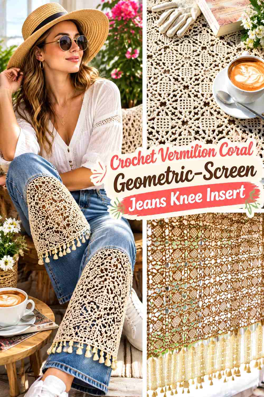 Crochet Vermilion Coral Geometric-Screen Jeans Knee Insert