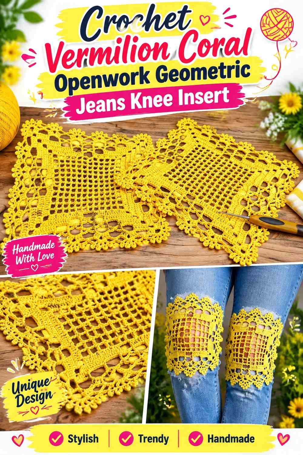 Crochet Vermilion Coral Openwork Geometric Jeans Knee Insert