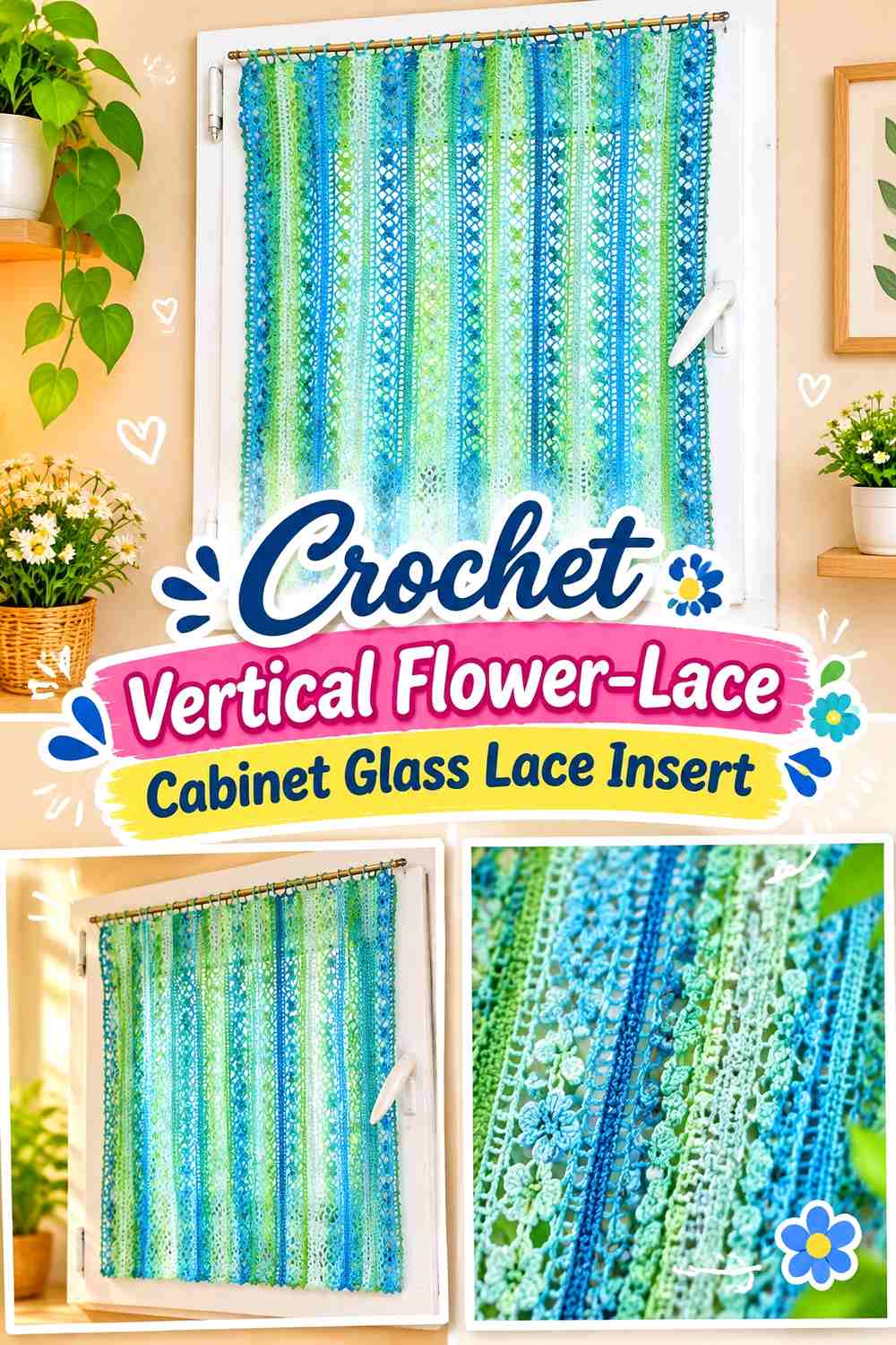Crochet Vertical Flower-Lace Cabinet Glass Lace Insert