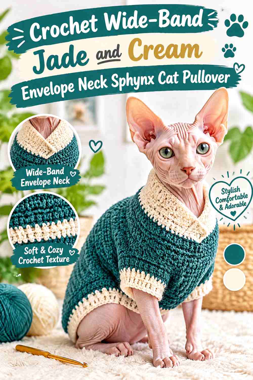 Crochet Wide-Band Jade and Cream Envelope Neck Sphynx Cat Pullover