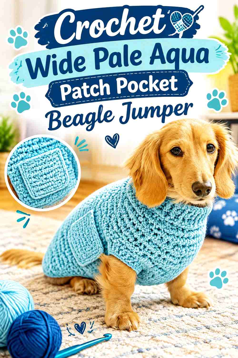 Crochet Wide Pale Aqua Patch Pocket Beagle Jumper