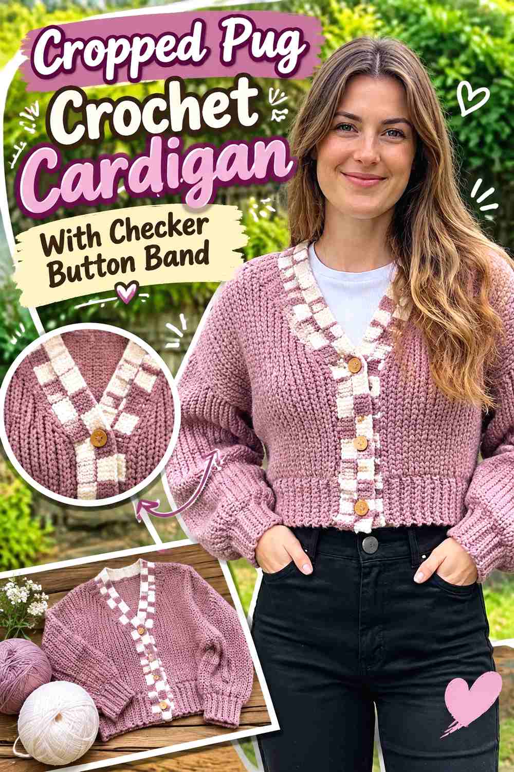 Cropped Pug Crochet Cardigan With Checker Button Band