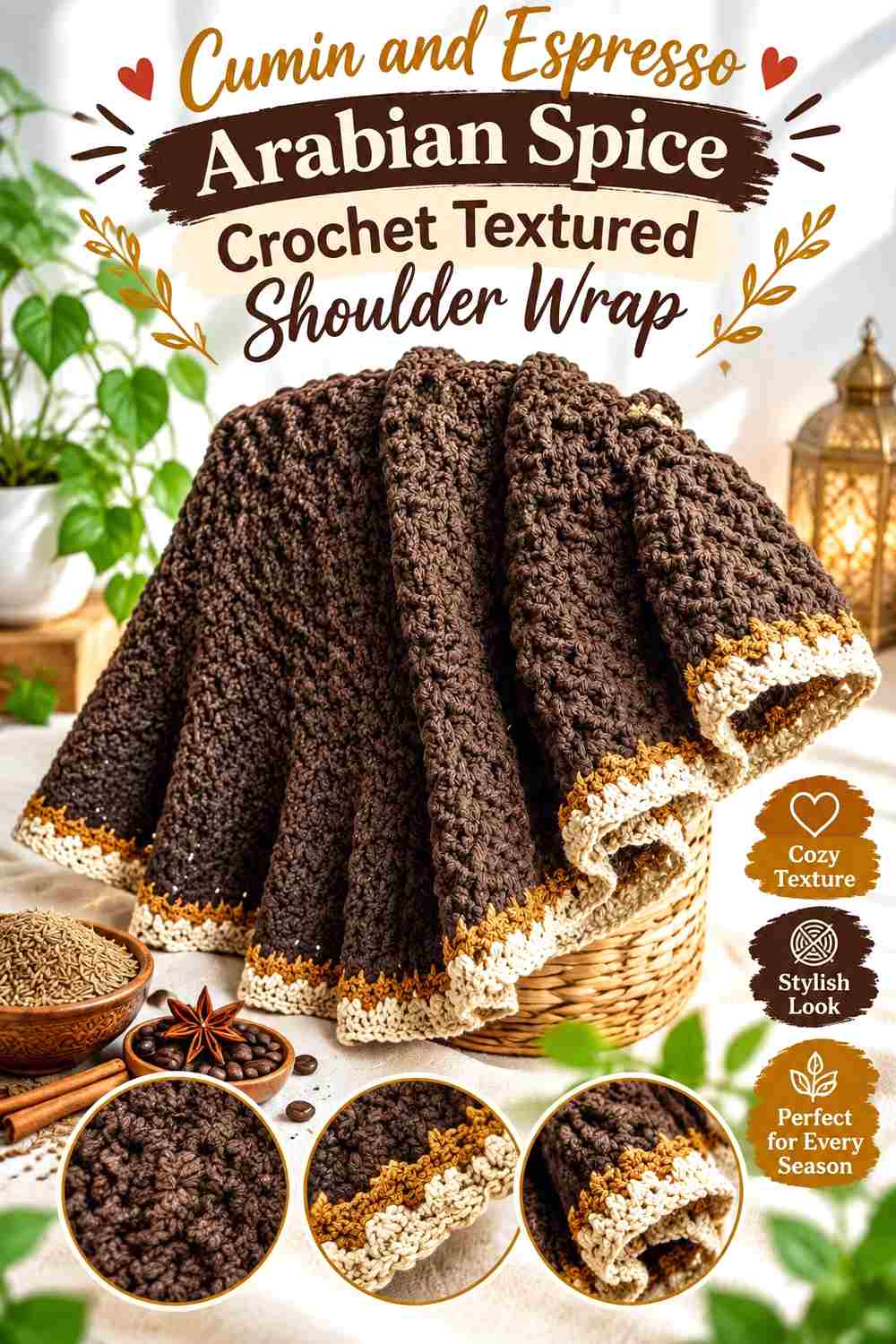 6. Cumin And Espresso Arabian Spice Crochet Textured Shoulder Wrap