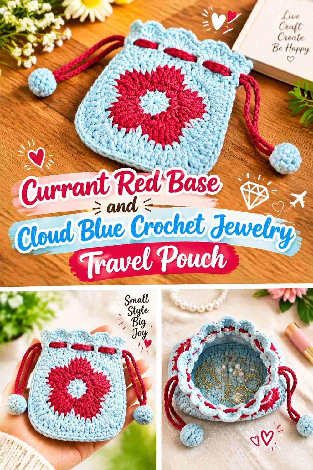 Currant Red Base and Cloud Blue Crochet Jewelry Travel Pouch