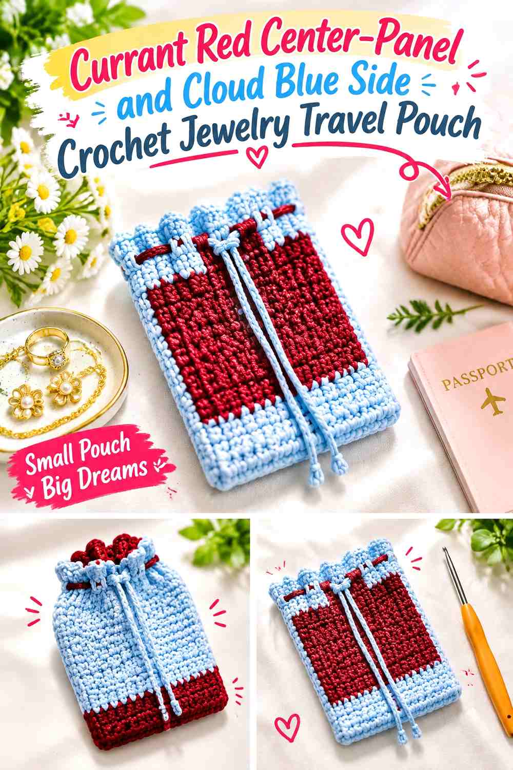 Currant Red Center Panel and Cloud Blue Side Crochet Jewelry Travel Pouch