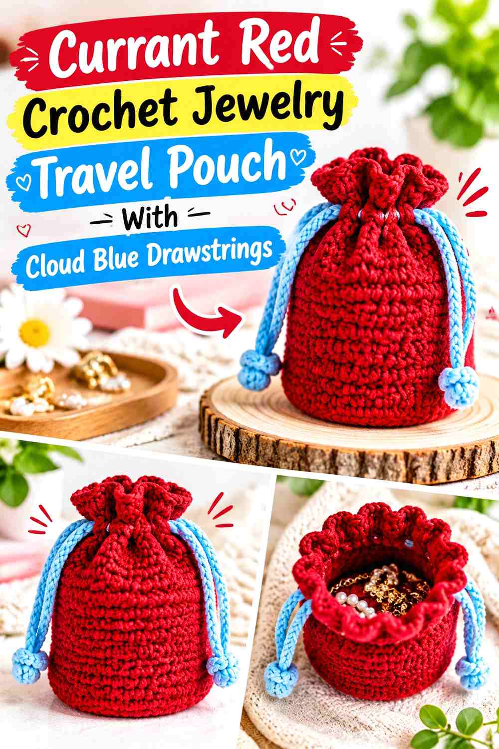Currant Red Crochet Jewelry Travel Pouch With Cloud Blue Drawstrings